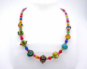 Short cheerful colorful lampwork necklace, handmade glass beads, T-shirt necklace for every day