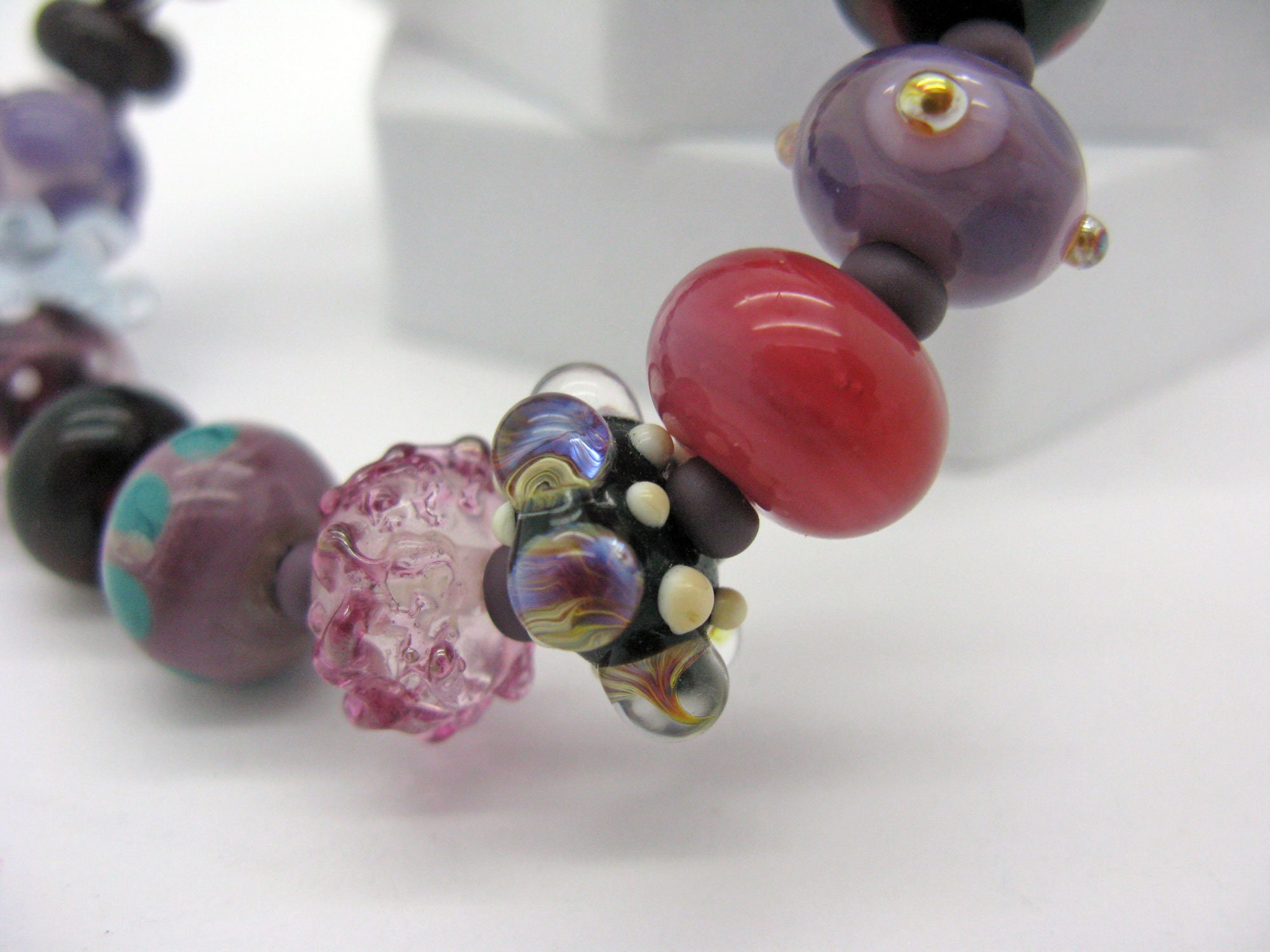 Lilac, Purple, Old Pink Glass Bead Bracelet, Lampwork Bead