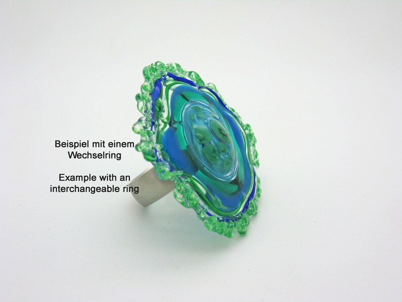exceptional ring top for necklace changing top about 50 mm Large glass top handmade blue-turquoise-transparent lampwork very large