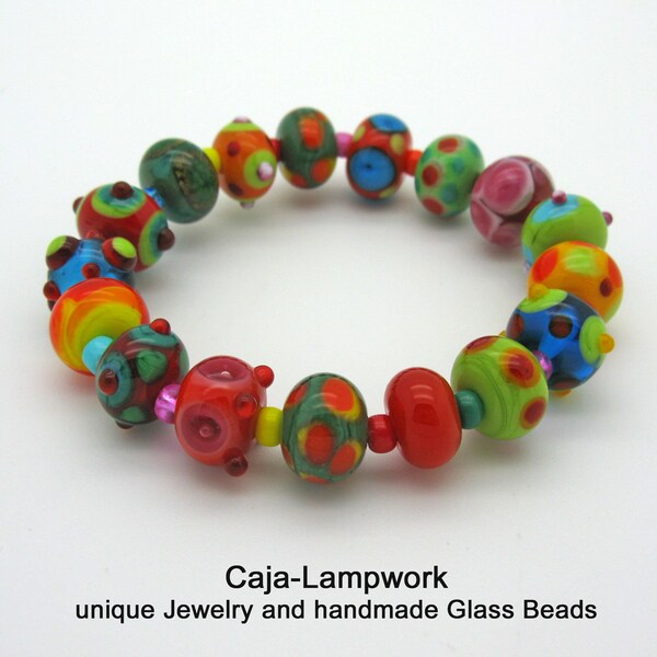 Colorful bracelet made of handmade glass beads, lampwork, fits up to max. 16 cm wrist circumference, easy to slip on