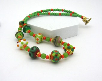 Short cheerful green colorful lampwork necklace, handmade glass beads, t-shirt necklace for every day