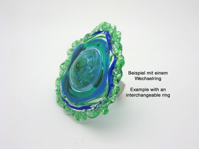 exceptional ring top for necklace changing top about 50 mm Large glass top handmade blue-turquoise-transparent lampwork very large