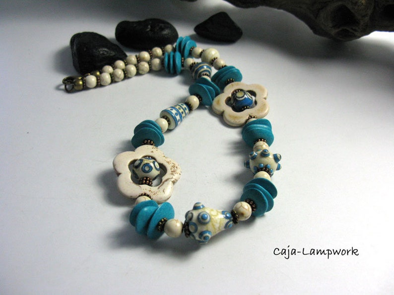 playful unique Turquoise necklace made of handmade glass beads turquoise lampwork necklace ceramic and howlite flower beads