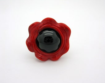 Red black glass top, poppy flower, change top, lampwork, large, about 35 mm, ring top for chain, handmade, chain pendant