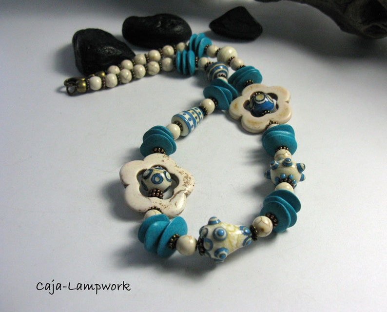 playful unique Turquoise necklace made of handmade glass beads turquoise lampwork necklace ceramic and howlite flower beads