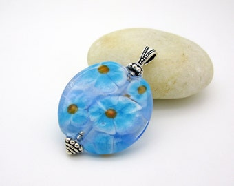 Large light blue flower pendant, handmade lampwork pendant, blue glass pendant with watercolor flowers