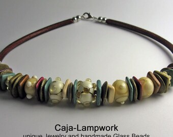 Short necklace of handmade glass beads, ceramic beads, leather, ivory-brown, natural colors, a necklace for every day