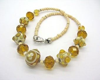 Short beige brown glass beads necklace, handmade lampwork beads, unique piece