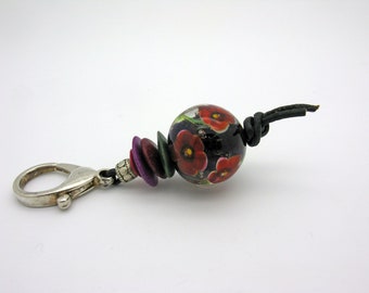 Keychain with large lampwork flower bead, pocket dangler