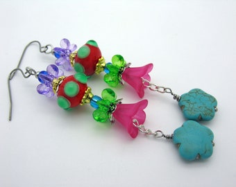 Long, brightly colored lampwork earrings, ear hooks made of hypoallergenic titanium, playflul earrings