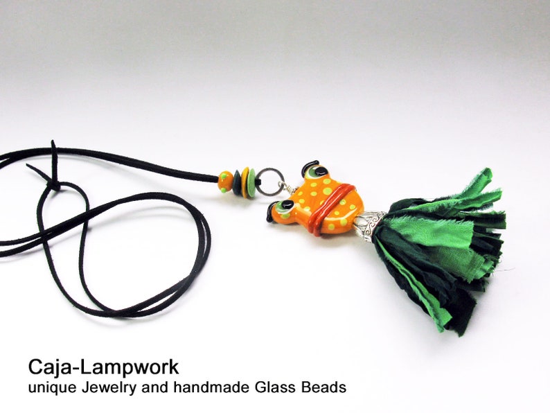 cheerful jewelry Long necklace with very large frog statement frog orange green handmade glass bead with silk tassel