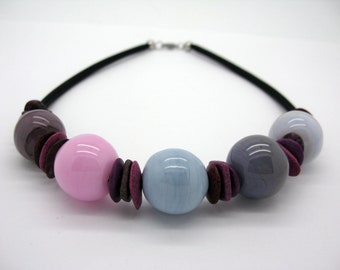 Pink purple lilac short lampwork necklace made of handmade large glass balls, giant beads, statement necklace
