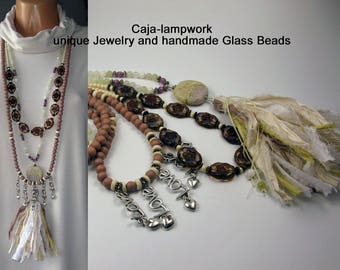 Three-piece, long necklace with lampwork artist bead and hand-bound silk quilt, beige, multi-row, boho glamor