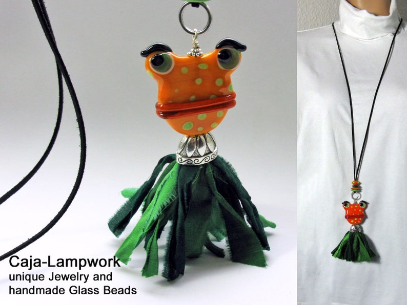 cheerful jewelry Long necklace with very large frog statement frog orange green handmade glass bead with silk tassel