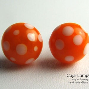 Lampwork Studs with Polka Dots, Orange with White Dots, Surgical Steel Plugs, Cheerful Dots Studs, Glass Studs