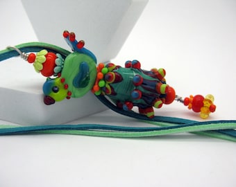 Long, colorful bird necklace, petrol green long necklace with colorful lampwork pendant, colorful cheerful everyday necklace