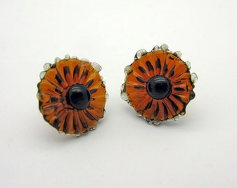 Small brown flower ear studs, small glass flowers, flower ear studs, flower earrings, handmade glass flowers