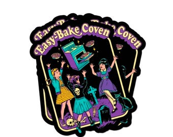 May include: A sticker featuring three girls celebrating around a purple oven with baked goods. The sticker has the text "Easy-Bake Coven" in a purple and yellow font. A black cat, tombstone, and skull are also featured.