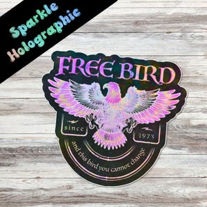 Gratis vogelsticker, grafische bandstickers, old school muziek, retromuziek, waterflesstickers, jaren 70 rock, nostalgische liedjes, empowerment van vrouwen