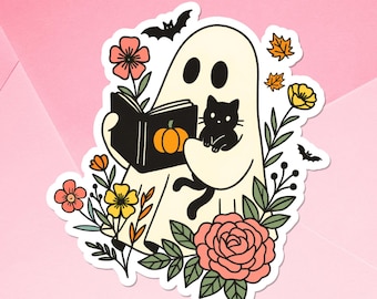 Ghost Reading Black Cat Sticker: Halloween Bookish Gift