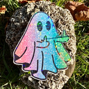 flip off ghost sticker, pastel ghost stickers, rainbow holographic ghost, sarcastic Halloween, stickers for friends, ghost journal, witchy