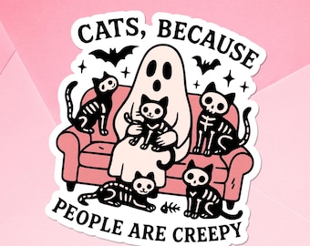 Vintage Halloween Ghost & Black Cat Sticker: Funny Witchy Decal