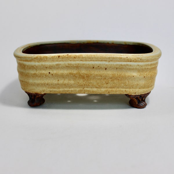 Small Rectangular Shaped Bonsai Planter, Glazed Light Yellow and Brown Stoneware Planter, 7 3/4" Long 6" Wide Bonsai Pot With Anchor holes