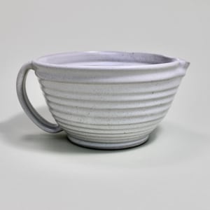 Mixing Bowl With Handle and Spout: Speckled White and Light Gray Glaze