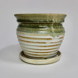 Handmade Stoneware Planter with Drainage Plate: Earthy Beige, Green, and Brown
