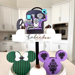 Mickey Minnie Halloween haunted mansion tiered try decor, Disney hitchhiking ghost, Haunted Mansion Hitchhiking Ghost's Doom Buggy decor