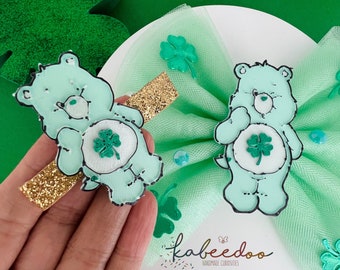 St Patty's shamrock care bear bow, Lucky care bear day bow hair clip or headband, green Hair Bow, lucky charm bow, Irish bow, st Patty’s bow