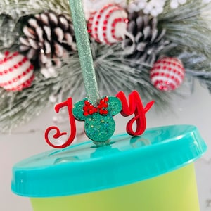 3D Disney Straw Topper Decoration Mickey Mouse Christmas Ornament Green  Glitter