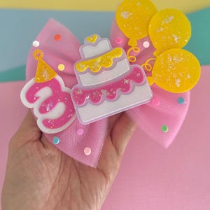 Number Birthday Confetti hair bow, cake balloon birthday party clip, custom Birthday Celebration glitter bow, happy birthday bow for babies
