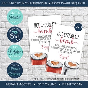 EDITABLE Hot Chocolate Bomb Tag, Valentine&#39;s Day Hot Cocoa Bomb Tag, You&#39;re The Bomb Tag, Instructions, Valentine Gift Tag, Valentine Tag