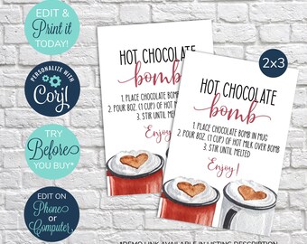 Etiqueta EDITABLE de bomba de chocolate caliente, Etiqueta de bomba de cacao caliente del Día de San Valentín, Eres la etiqueta de bomba, Instrucciones, Etiqueta de regalo de San Valentín, Etiqueta de San Valentín