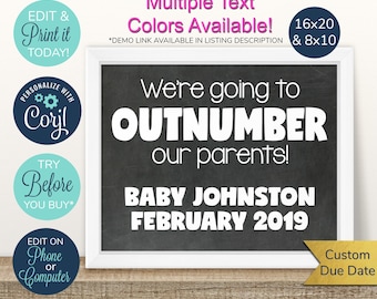 May include: A printable chalkboard style announcement for a baby's arrival. The text reads "We're going to OUTNUMBER our parents! BABY JOHNSTON FEBRUARY 2019". The announcement is framed in a white frame with a gold border. The announcement is surrounded by smaller circles with text that reads "Edit & Print it Today!" "Personalize with Cori!" "Try Before You Buy" and "Edit on Phone or Computer".