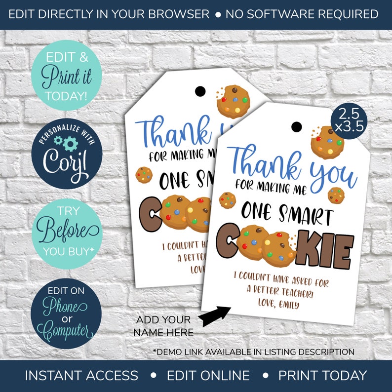 EDITABLE One Smart Cookie Tags, Printable Thank You for Making Me One ...