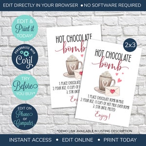 EDITABLE Hot Chocolate Bomb Tag, Valentine&#39;s Day Hot Cocoa Bomb Tag, You&#39;re The Bomb Tag, Instructions Valentine Gift Tag, Valentine Tag