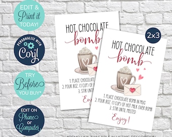 Etiqueta de bomba de chocolate caliente EDITABLE, Etiqueta de bomba de cacao caliente del Día de San Valentín, Etiqueta de bomba de Eres la etiqueta de regalo de San Valentín con instrucciones, Etiqueta de San Valentín