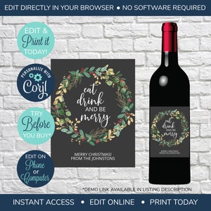 Étiquette de vin de Noël MODIFIABLE, Mangez, buvez et soyez joyeux, Étiquettes de bouteilles de vin imprimables, Étiquette de vin cadeau de Noël, Alternative à la carte de Noël