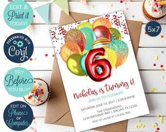 EDITABLE 6th Birthday Invitation, Balloon Birthday Party Invitation, Boy Birthday Invitation, Red, Primary Colors, Balloon Invite