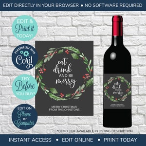 Étiquette de vin de Noël MODIFIABLE, mangez, buvez et soyez joyeux, étiquettes de bouteille de vin imprimables, étiquette de vin cadeau de Noël, alternative de carte de vœux