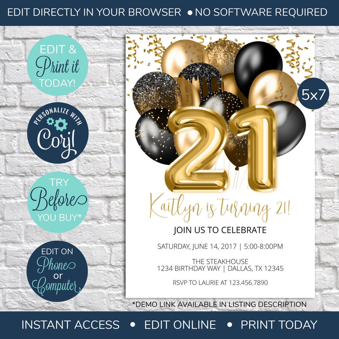 EDITABLE 21st Birthday Invitation, Black and Gold 21st Invitation ...