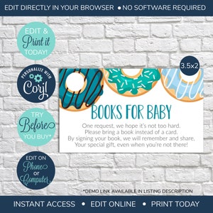 Donut MODIFIABLE Apportez un hors-texte, Stockez la bibliothèque, Livres pour bébé, Stockez la bibliothèque de bébé, Au lieu d'une carte, Bébé garçon, Donut Baby Shower
