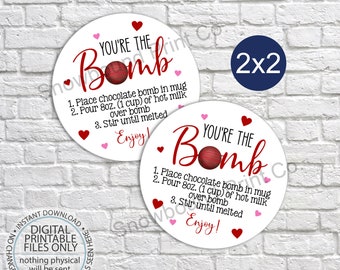 Printable Hot Chocolate Bomb Tag, Valentine's Day Hot Cocoa Bomb Tag, You're The Bomb Tag, Instructions Valentine Gift Tag Instant Download