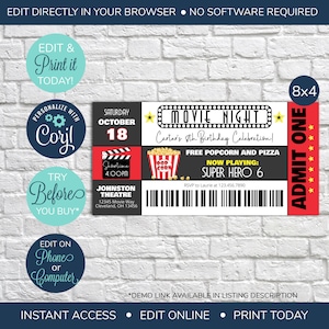 EDITABLE Movie Night Birthday Invites, Birthday party invitation, Movie invitation, Movie Ticket Birthday, Movie Night Ticket Birthday