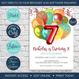 EDITABLE 7th Birthday Invitation, Balloon Birthday Party Invitation, Boy Birthday Invitation, Red, Primary Colors, Balloon Invite
