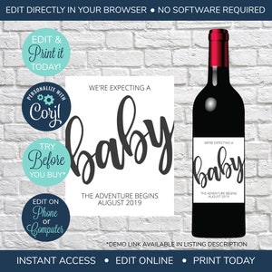 EDITABLE Pregnancy Announcement, Baby Reveal Wine Label, Pregnancy Wine Label, Wine Bottle Lables, New Baby Announcement, Baby Announcement