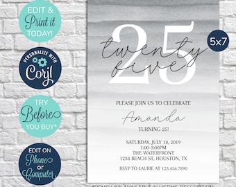 EDITABLE 25th Birthday Invitation, Twenty Five Invitation, Surprise Birthday Party, 25th Birthday Invite, Adult Birthday, Gray