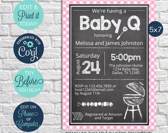 EDITABLE Baby Q Invitation, Girl Baby Shower, Backyard BBQ Invitation, Baby Shower Barbeque Invitation, Couples Baby Shower, Pink